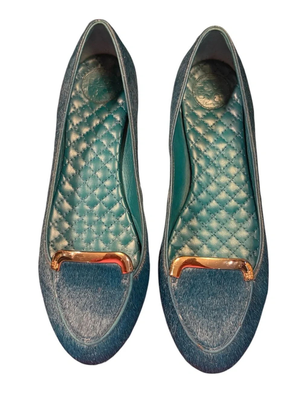 Tory Burch Teal Haircalf Leather Flats with Gold Bar Size 8
